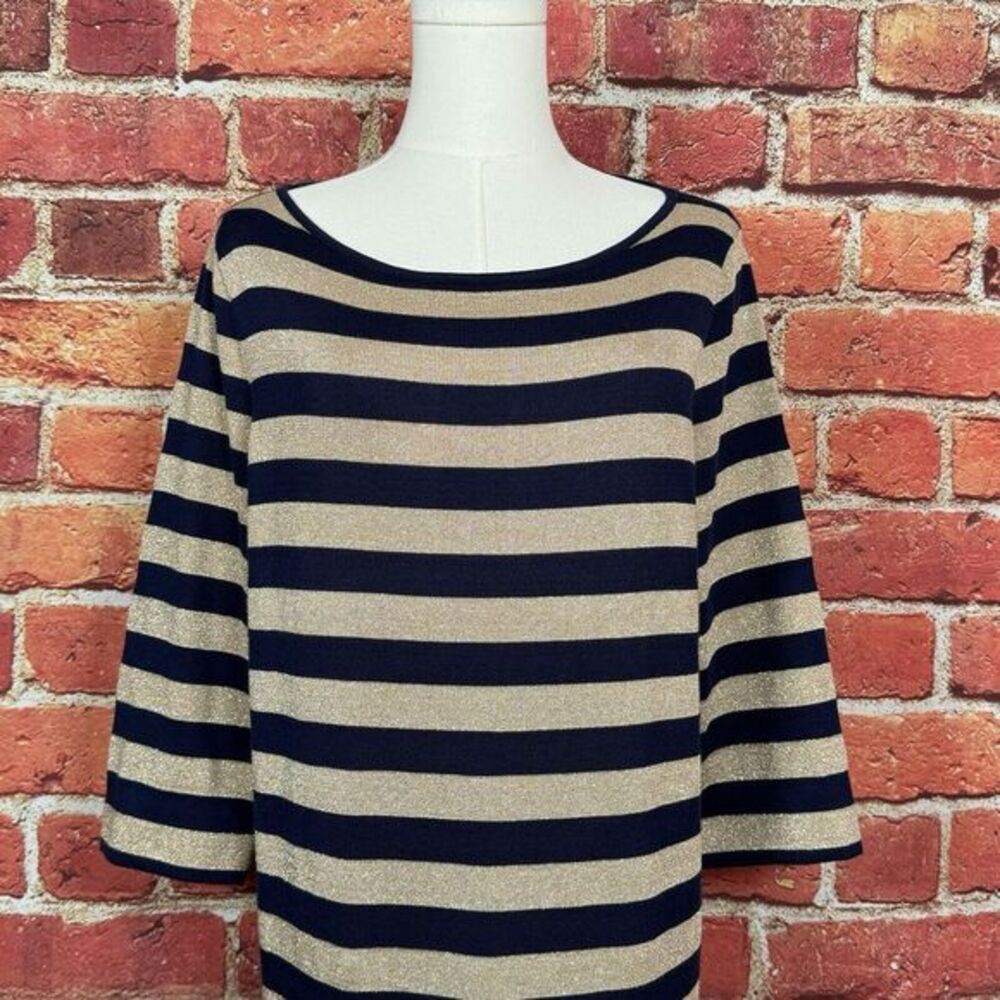 RALPH LAUREN Navy Blue Gold‎ Metallic Striped Cotton Blend Sweater Dress Large